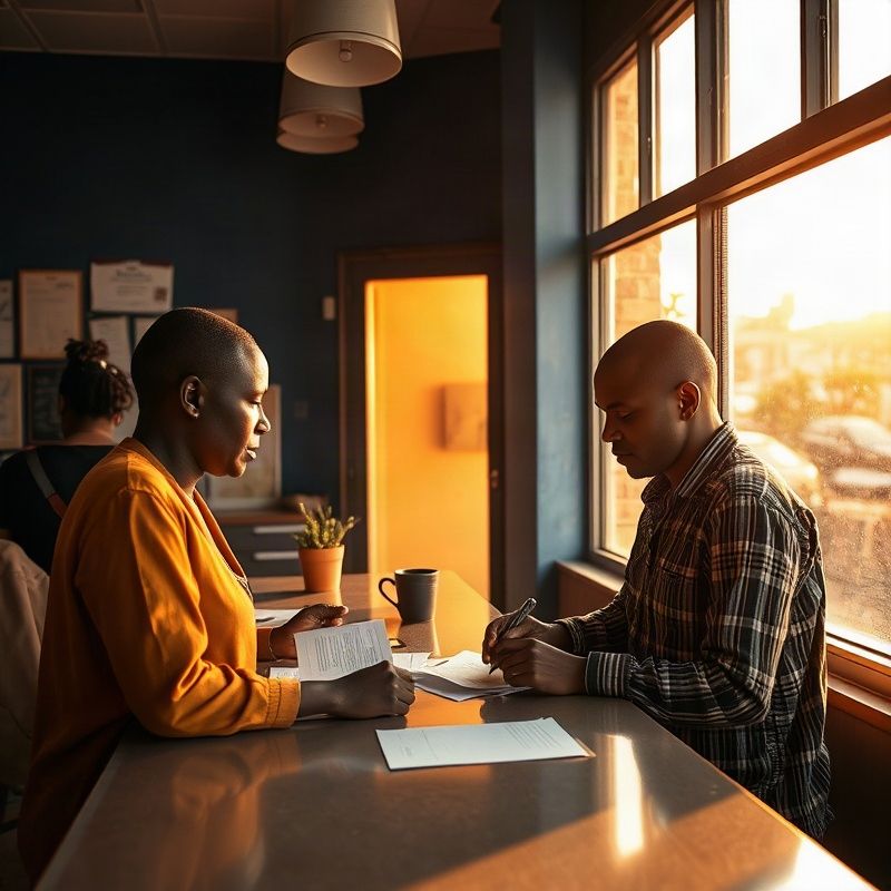 A small Terrabalpha team discussing paperwork at the counter